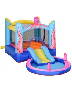 Outsunny 3+ Kids Bounce Castle 3 in 1 with Inflatable Trampoline, Slide, Water Pool, Inflator, Octopus Design