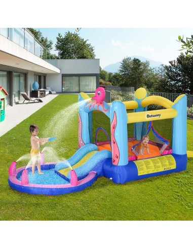 Outsunny 3+ Kids Bounce Castle 3 in 1 with Inflatable Trampoline, Slide, Water Pool, Inflator, Octopus Design