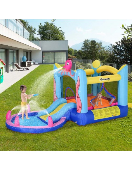 Outsunny 3+ Kids Bounce Castle 3 in 1 with Inflatable Trampoline, Slide, Water Pool, Inflator, Octopus Design - pic 6066 | FastDaddyshop