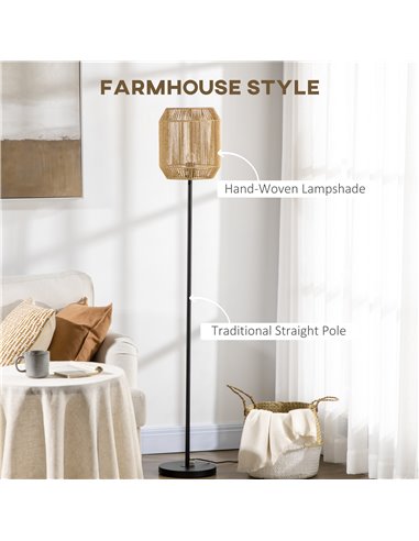 HOMCOM Farmhouse Standing Lamp, Floor Lamps with Hand Woven Rattan Lampshade for Living Room B31-440V70BK