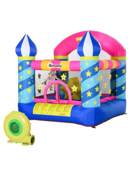 Outsunny 3+ Kids Bounce Castle with Inflatable Trampoline, Basket, Inflator, Castle Stars Design - pic 6069 | FastDaddyshop