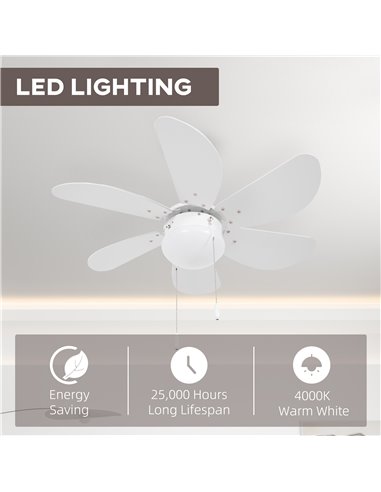 HOMCOM LED Ceiling Fan, 6 Reversible Blades Flush Mount Light, Pull-Chain Operation, White  B31-478V00WT