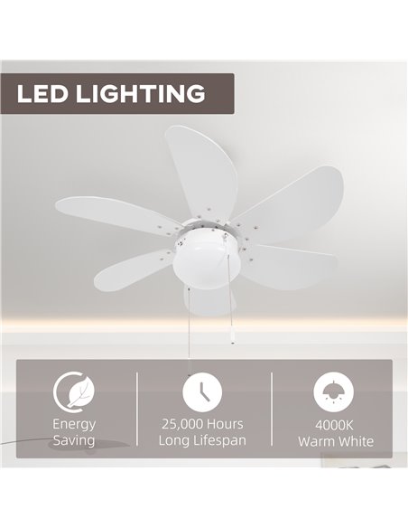 HOMCOM LED Ceiling Fan, 6 Reversible Blades Flush Mount Light, Pull-Chain Operation, White  B31-478V00WT - pic 60748 | FastDaddyshop