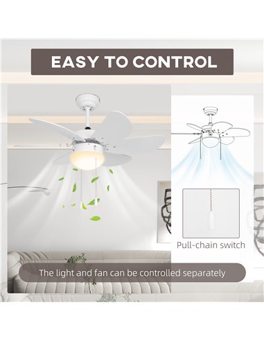 HOMCOM LED Ceiling Fan, 6 Reversible Blades Flush Mount Light, Pull-Chain Operation, White  B31-478V00WT