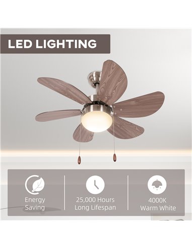 HOMCOM Ceiling Fan with LED Light, Flush Mount Ceiling Fan Lights with 6 Reversible Blades, Pull-chain Switch, Walnut Brown B31-