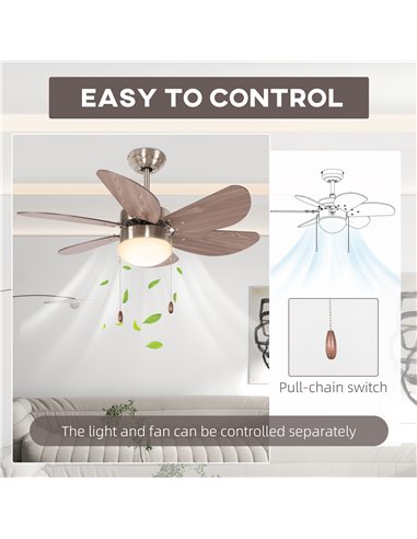 HOMCOM Ceiling Fan with LED Light, Flush Mount Ceiling Fan Lights with 6 Reversible Blades, Pull-chain Switch, Walnut Brown B31-