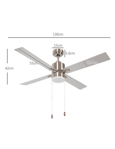 HOMCOM Ceiling Fan with LED Light, Flush Mount Ceiling Fan Lights with Reversible Blades, Pull-chain, Silver and Natural Tone B3