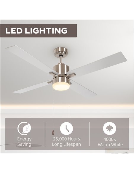 HOMCOM Ceiling Fan with LED Light, Flush Mount Ceiling Fan Lights with Reversible Blades, Pull-chain, Silver and Natural Tone B3 - pic 60775 | FastDaddyshop