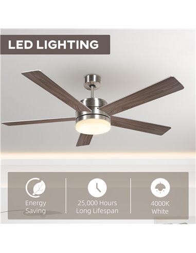 HOMCOM Ceiling Fan with Light, 132cm Flush Mount LED Ceiling Fan Light with 5 Reversible Blades, Remote Control, for Bedroom Liv