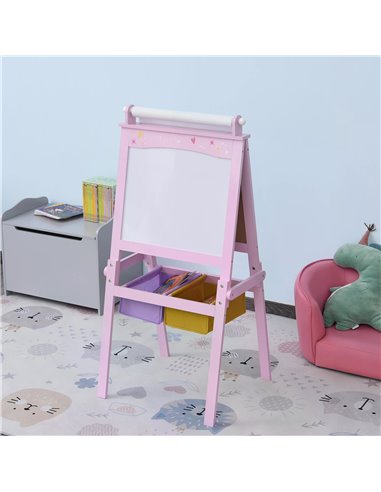 HOMCOM 3 In 1 Kids Wooden Art Easel with Paper Roll Double-Sided Chalkboard & Whiteboard with Storage Baskets Gift for Toddler G