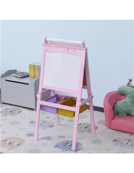 HOMCOM 3 In 1 Kids Wooden Art Easel with Paper Roll Double-Sided Chalkboard & Whiteboard with Storage Baskets Gift for Toddler G - pic 60817 | FastDaddyshop