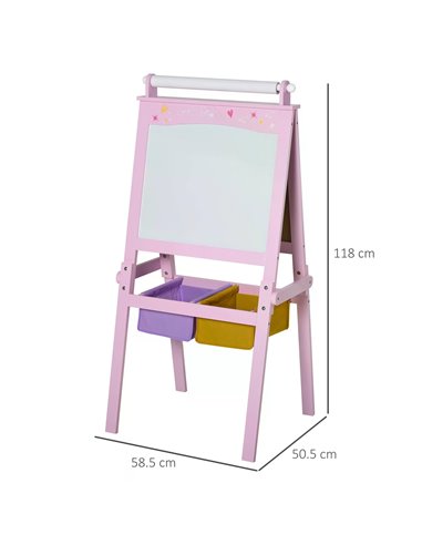 HOMCOM 3 In 1 Kids Wooden Art Easel with Paper Roll Double-Sided Chalkboard & Whiteboard with Storage Baskets Gift for Toddler G