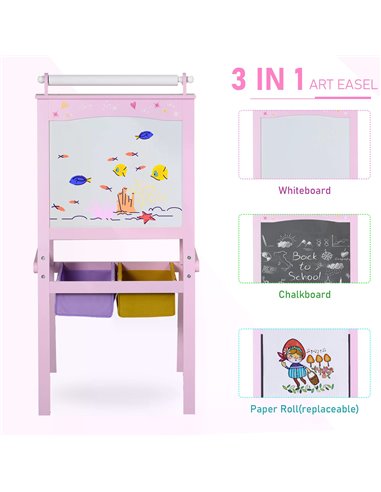 HOMCOM 3 In 1 Kids Wooden Art Easel with Paper Roll Double-Sided Chalkboard & Whiteboard with Storage Baskets Gift for Toddler G