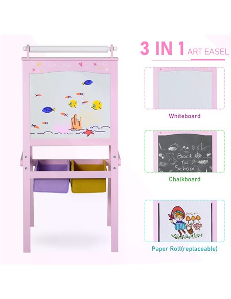 HOMCOM 3 In 1 Kids Wooden Art Easel with Paper Roll Double-Sided Chalkboard & Whiteboard with Storage Baskets Gift for Toddler G - pic 60819 | FastDaddyshop