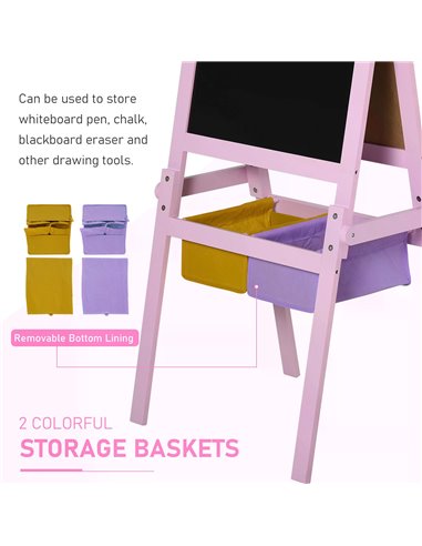 HOMCOM 3 In 1 Kids Wooden Art Easel with Paper Roll Double-Sided Chalkboard & Whiteboard with Storage Baskets Gift for Toddler G