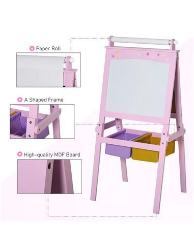 HOMCOM 3 In 1 Kids Wooden Art Easel with Paper Roll Double-Sided Chalkboard & Whiteboard with Storage Baskets Gift for Toddler G
