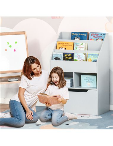 HOMCOM Kids Bookshelf with Storage Drawer, Children's Bookcase with Wheels, Toy Organiser for Bedroom, Playroom, Grey 311-048GY