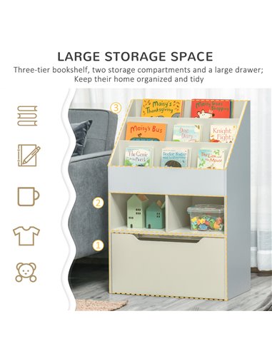 HOMCOM Kids Bookshelf with Storage Drawer, Children's Bookcase with Wheels, Toy Organiser for Bedroom, Playroom, Grey 311-048GY