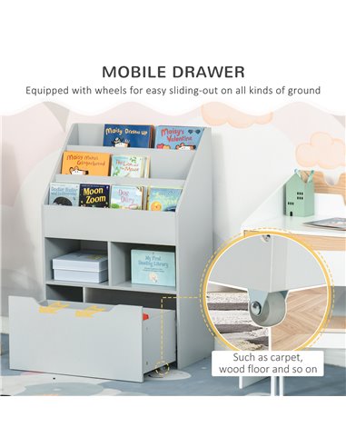 HOMCOM Kids Bookshelf with Storage Drawer, Children's Bookcase with Wheels, Toy Organiser for Bedroom, Playroom, Grey 311-048GY