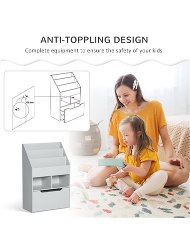 HOMCOM Kids Bookshelf with Storage Drawer, Children's Bookcase with Wheels, Toy Organiser for Bedroom, Playroom, Grey 311-048GY