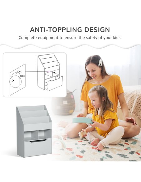 HOMCOM Kids Bookshelf with Storage Drawer, Children's Bookcase with Wheels, Toy Organiser for Bedroom, Playroom, Grey 311-048GY - pic 60830 | FastDaddyshop