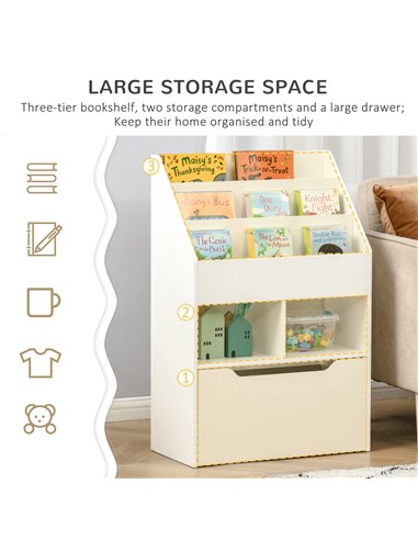 HOMCOM Kids Bookshelf, Toy Organiser, with Storage Drawer, Wheels, White 311-048WT