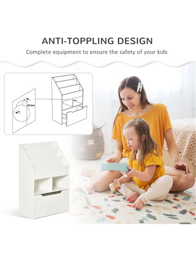 HOMCOM Kids Bookshelf, Toy Organiser, with Storage Drawer, Wheels, White 311-048WT