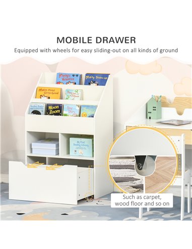 HOMCOM Kids Bookshelf, Toy Organiser, with Storage Drawer, Wheels, White 311-048WT