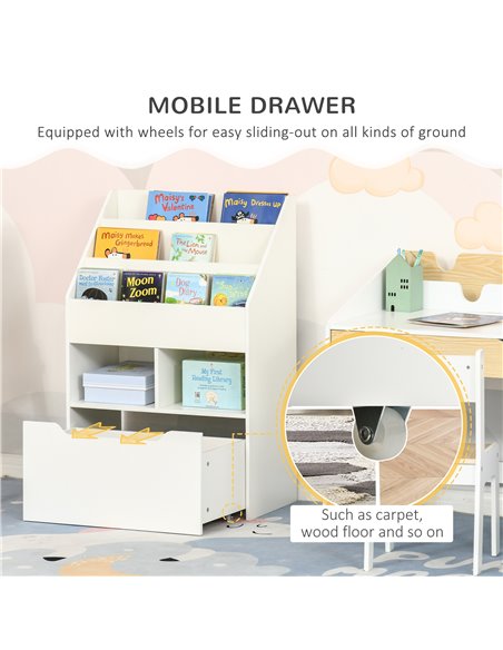 HOMCOM Kids Bookshelf, Toy Organiser, with Storage Drawer, Wheels, White 311-048WT - pic 60839 | FastDaddyshop