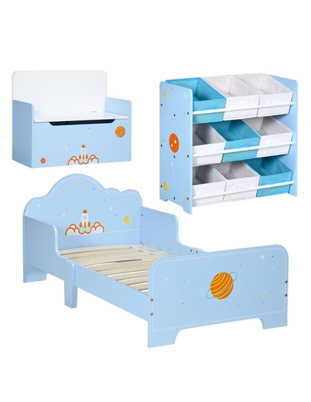 ZONEKIZ 3PCs Kids Bedroom Furniture Set with Bed, Toy Box Bench, Storage Unit with Baskets, Space Themed, for 3-6 Years Old, Blu - pic 60852 | FastDaddyshop