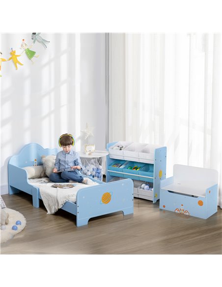 ZONEKIZ 3PCs Kids Bedroom Furniture Set with Bed, Toy Box Bench, Storage Unit with Baskets, Space Themed, for 3-6 Years Old, Blu - pic 60853 | FastDaddyshop