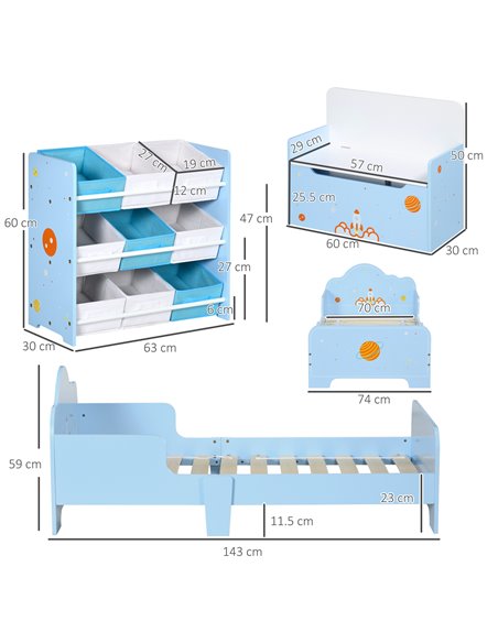ZONEKIZ 3PCs Kids Bedroom Furniture Set with Bed, Toy Box Bench, Storage Unit with Baskets, Space Themed, for 3-6 Years Old, Blu - pic 60854 | FastDaddyshop