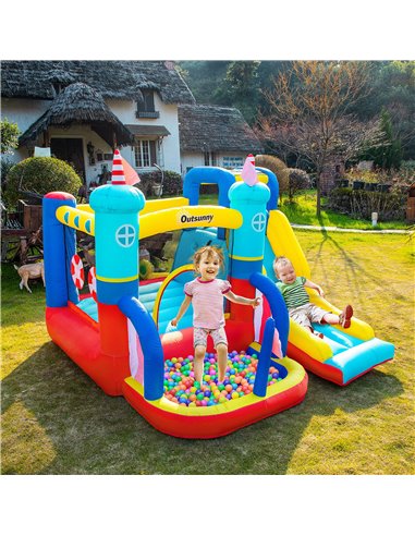 Outsunny 4 in 1 Kids Bounce Castle Large Sailboat Style Inflatable House Slide Trampoline Water Pool Climbing Wall for Kids Age 