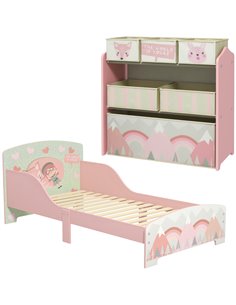 ZONEKIZ Toddler Bed Frame, Kids Storage Shelf Unit with 6 Fabric Bins for Ages 3-6 Years, Pink 313-P011