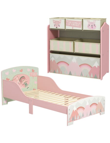 ZONEKIZ Toddler Bed Frame, Kids Storage Shelf Unit with 6 Fabric Bins for Ages 3-6 Years, Pink 313-P011 - pic 60870 | FastDaddyshop