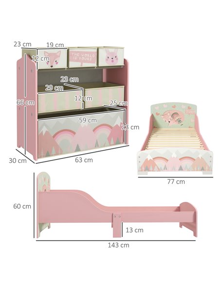 ZONEKIZ Toddler Bed Frame, Kids Storage Shelf Unit with 6 Fabric Bins for Ages 3-6 Years, Pink 313-P011 - pic 60872 | FastDaddyshop
