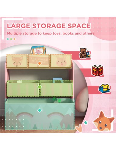 ZONEKIZ Toddler Bed Frame, Kids Storage Shelf Unit with 6 Fabric Bins for Ages 3-6 Years, Pink 313-P011