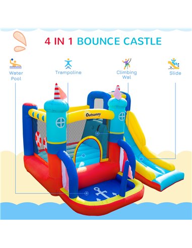 Outsunny 4 in 1 Kids Bounce Castle Large Sailboat Style Inflatable House Slide Trampoline Water Pool Climbing Wall for Kids Age 
