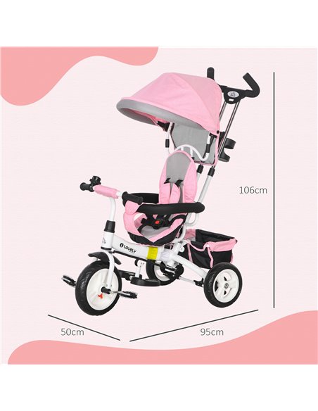 HOMCOM 4 in 1 Kids Trike Push Bike w/ Push Handle, Canopy, 5-point Safety Belt, Storage, Footrest, Brake, for 1-5 Years, Pink 37 - pic 60899 | FastDaddyshop