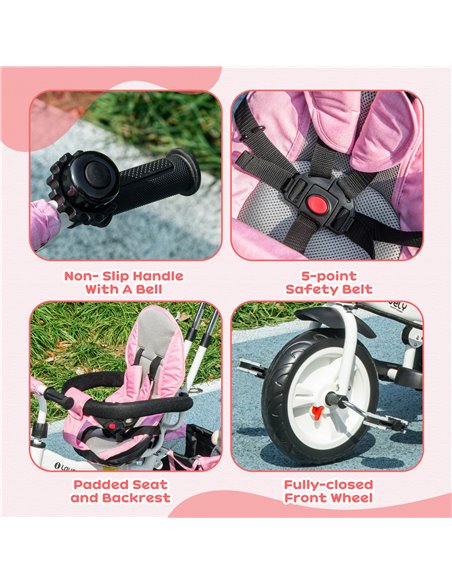 HOMCOM 4 in 1 Kids Trike Push Bike w/ Push Handle, Canopy, 5-point Safety Belt, Storage, Footrest, Brake, for 1-5 Years, Pink 37 - pic 60900 | FastDaddyshop