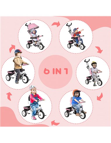 HOMCOM 4 in 1 Kids Trike Push Bike w/ Push Handle, Canopy, 5-point Safety Belt, Storage, Footrest, Brake, for 1-5 Years, Pink 37
