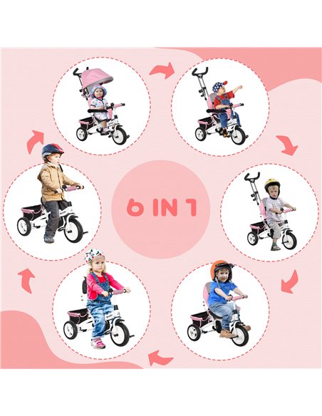 HOMCOM 4 in 1 Kids Trike Push Bike w/ Push Handle, Canopy, 5-point Safety Belt, Storage, Footrest, Brake, for 1-5 Years, Pink 37 - pic 60901 | FastDaddyshop
