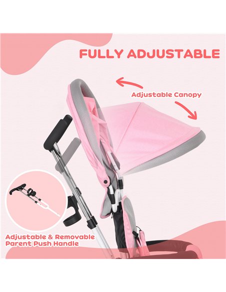 HOMCOM 4 in 1 Kids Trike Push Bike w/ Push Handle, Canopy, 5-point Safety Belt, Storage, Footrest, Brake, for 1-5 Years, Pink 37 - pic 60902 | FastDaddyshop