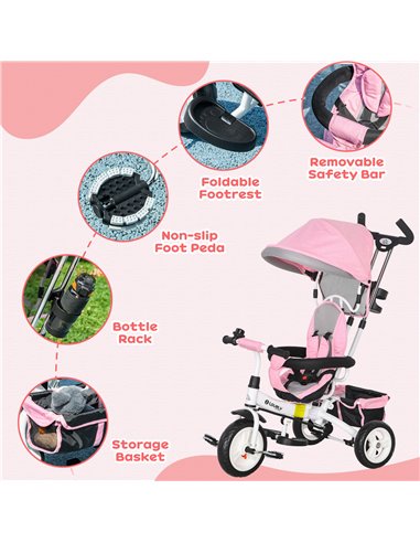 HOMCOM 4 in 1 Kids Trike Push Bike w/ Push Handle, Canopy, 5-point Safety Belt, Storage, Footrest, Brake, for 1-5 Years, Pink 37