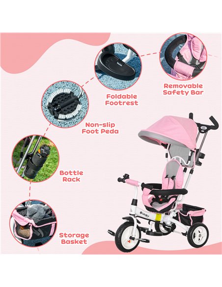 HOMCOM 4 in 1 Kids Trike Push Bike w/ Push Handle, Canopy, 5-point Safety Belt, Storage, Footrest, Brake, for 1-5 Years, Pink 37 - pic 60903 | FastDaddyshop
