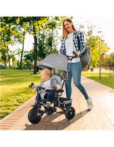 HOMCOM 4 in 1 Kids Trike Push Bike w/ Push Handle, Canopy, 5-point Safety Belt, Storage, Footrest, Brake, for 1-5 Years, Grey 37