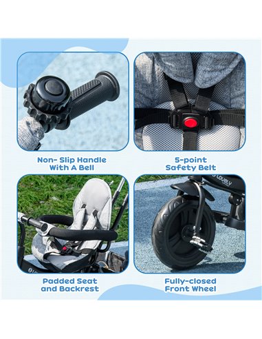 HOMCOM 4 in 1 Kids Trike Push Bike w/ Push Handle, Canopy, 5-point Safety Belt, Storage, Footrest, Brake, for 1-5 Years, Grey 37
