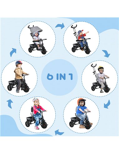 HOMCOM 4 in 1 Kids Trike Push Bike w/ Push Handle, Canopy, 5-point Safety Belt, Storage, Footrest, Brake, for 1-5 Years, Grey 37