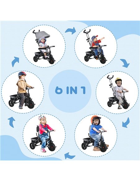 HOMCOM 4 in 1 Kids Trike Push Bike w/ Push Handle, Canopy, 5-point Safety Belt, Storage, Footrest, Brake, for 1-5 Years, Grey 37 - pic 60910 | FastDaddyshop