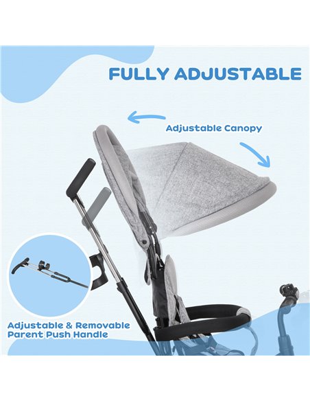 HOMCOM 4 in 1 Kids Trike Push Bike w/ Push Handle, Canopy, 5-point Safety Belt, Storage, Footrest, Brake, for 1-5 Years, Grey 37 - pic 60911 | FastDaddyshop
